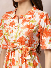 Women's Floral Printed Cotton Flared Dress-DRSORANGEKINNU